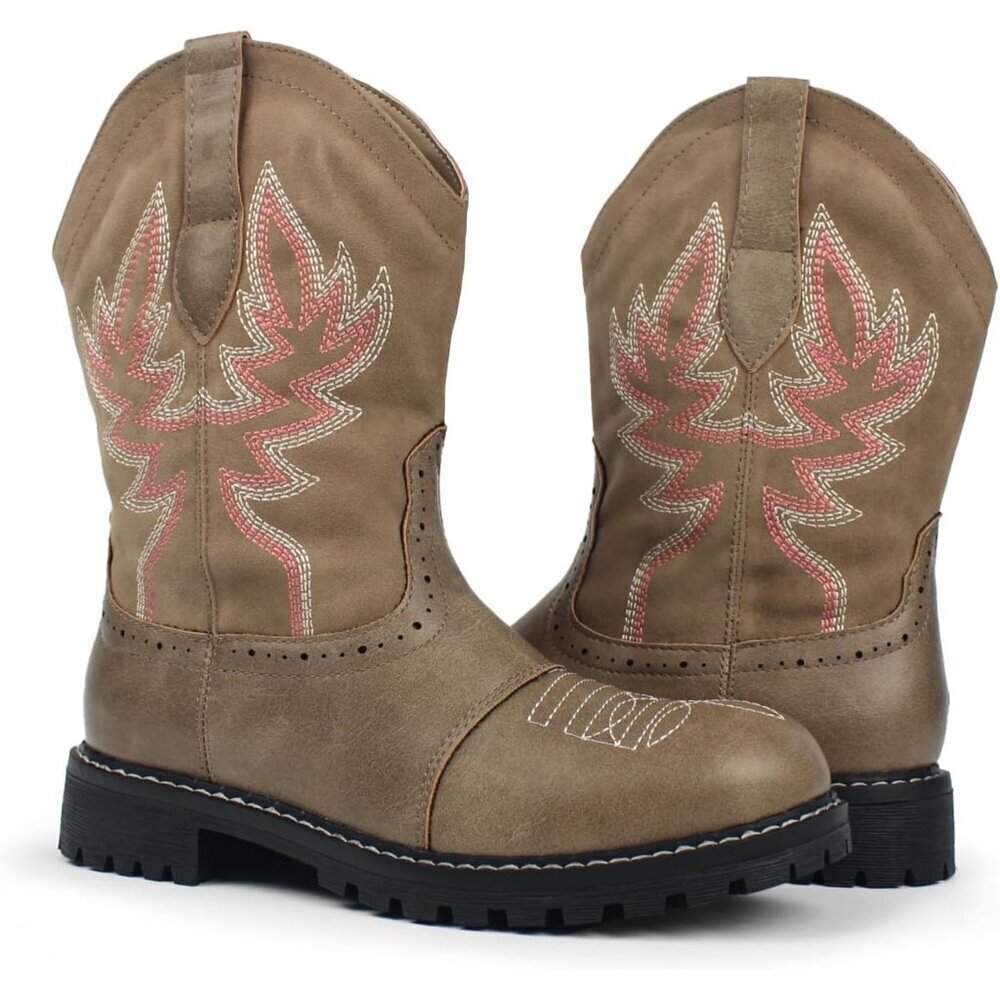 🆕Hawkwell Women's Khaki Fashion Mid Calf Round Toe Embroidered Western Boots